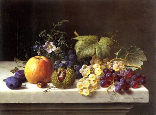 Emilie Preyer Trauben Eicheln und Aprikosen auf einem Marmorsims Wandbild