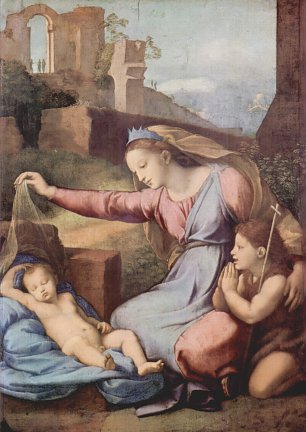 Raffael Maria und Johannes der Taeufer beten das schlafende Christuskind an Wandbild