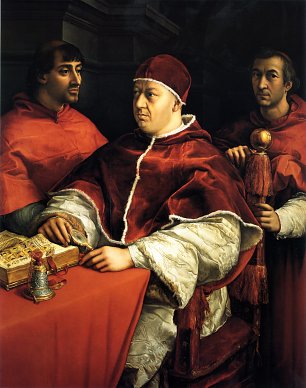 Raffael Portraet des Papstes Leo X mit seinen Vettern den Kardinaelen Giulio de Medici und Luigi de Rossi Wandbild