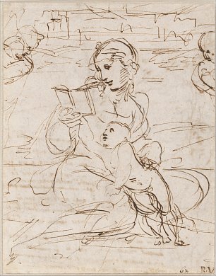 Raffael Reading Madonna and Child in a Landscape betweem two Cherub Heads Wandbild