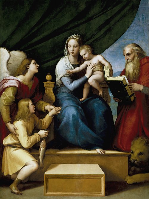 Raffael Sacra Famiglia con Rafael Tobia e San Girolamo o Vergine del pesce Wandbild