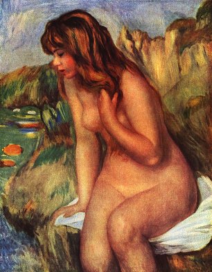 Auguste Renoir Badende auf einem Felsen sitzend Wandbild