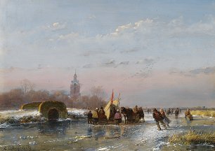 Andreas Schelfhout A frozen waterway with skaters by a refreshmentstall Wandbild