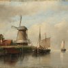 Andreas-Schelfhout-Nederlandse-boten-afgemeerd-aan-een-rivier-naast-een-windmolen