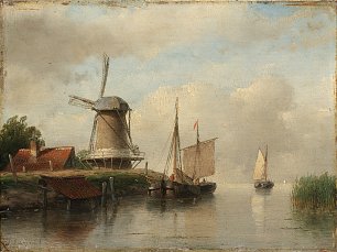 Andreas Schelfhout Nederlandse boten afgemeerd aan een rivier naast een windmolen Wandbild