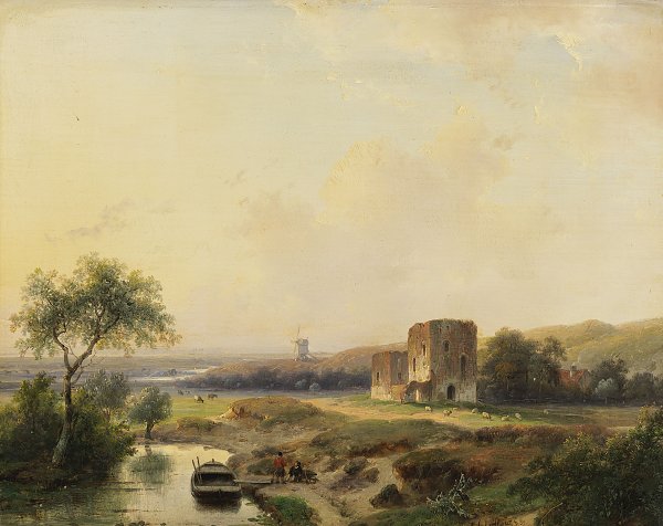 Andreas Schelfhout Rivierenlandschap bij Haarlem met windmolen en de ruine van Brederode Wandbild
