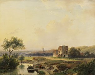 Andreas Schelfhout Rivierenlandschap bij Haarlem met windmolen en de ruine van Brederode Wandbild
