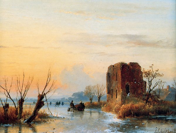Andreas Schelfhout Ruin in winter landscape