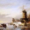 Andreas-Schelfhout-Scaters-frozen-river-mill-Sun