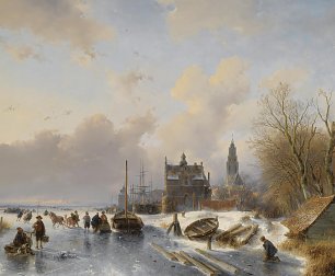 Andreas Schelfhout Skaters on a frozen river near a dutch town Wandbild