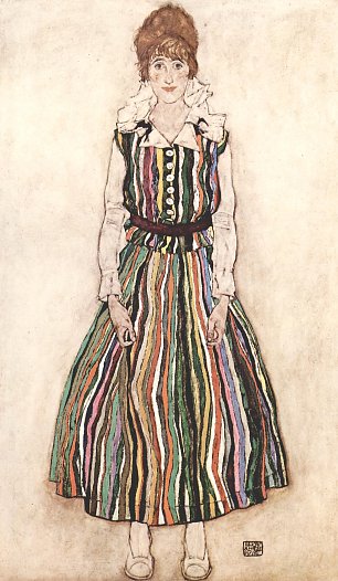 Egon Schiele Portraet der Edith Schiele im gestreiften Kleid Wandbild