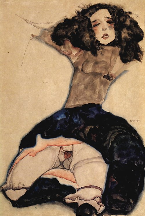 Egon Schiele Schwarzhaariges Maedchen mit hochgeschlagenem Rock Wandbild
