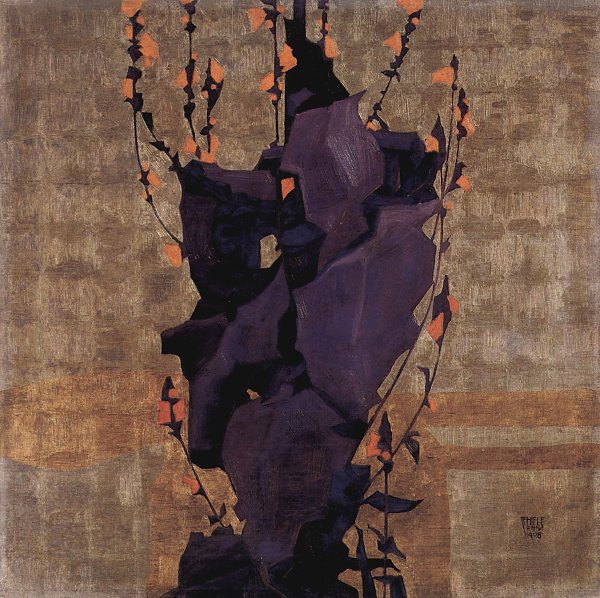 Egon Schiele Stilisierte Blumen vor dekorativem Hintergrund Stillleben Wandbild