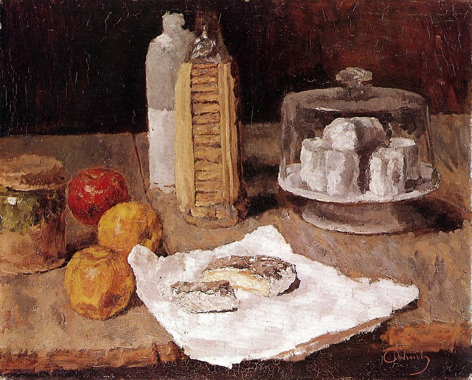 Carl Schuch Flaschen Kaese Aepfel und ein Glas mit Eingemachten ...