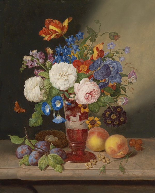 Johann Georg Seitz Blumenstrauss in einer Vase umgeben von Fruechten