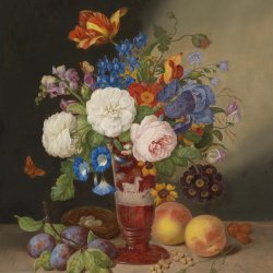 Johann-Georg-Seitz-Blumenstrauss-in-einer-Vase-umgeben-von-Fruechten