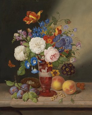 Johann Georg Seitz Blumenstrauss in einer Vase umgeben von Fruechten Wandbild