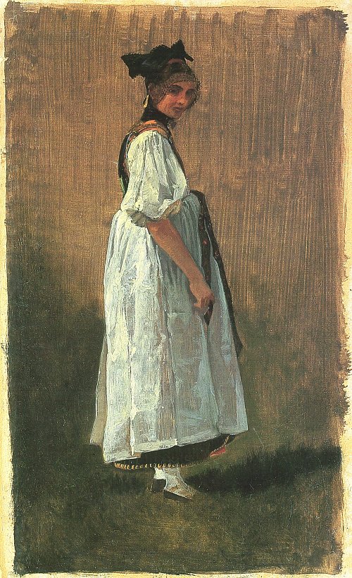 Carl Spitzweg Bauernmaedchen in Sonntagstracht nach rechts stehend Wandbild