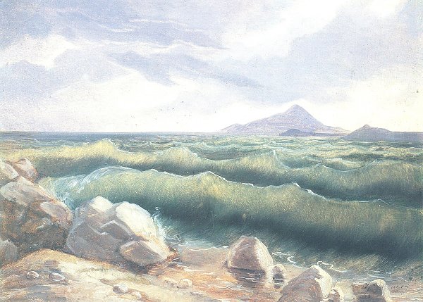 Carl Spitzweg Kuestenlandschaft mit brandenden Wellen im Hintergrund der Vesuv