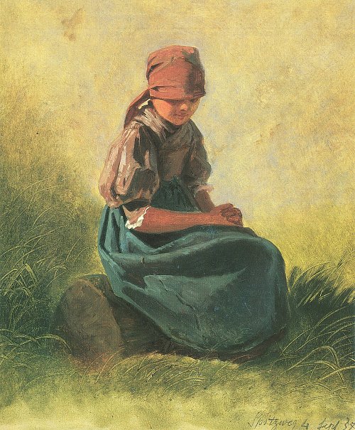 Carl Spitzweg Nach rechts sitzendes Bauernmaedchen mit Kopftuch und blauem Rock Wandbild