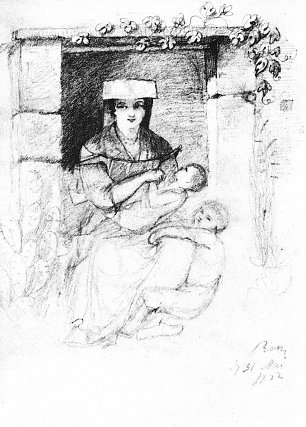Carl Spitzweg Frau mit zwei Kindern in einer Tueroeffnung sitzend Wandbild