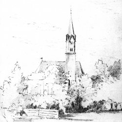 Carl-Spitzweg-In-Schliersee-Kirche-zwischen-Baeumen