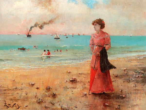Alfred Stevens Junge Frau mit rotem Regenschirm am Meer Wandbild