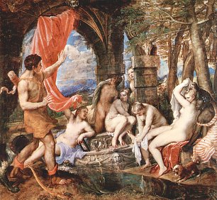 Tizian Aktaion ueberrascht Diana beim Bade Wandbild