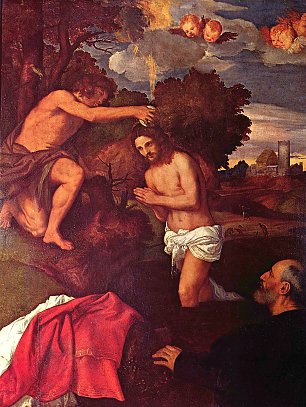 Tizian Taufe Christi mit dem Auftraggeber Giovanni Ram Wandbild