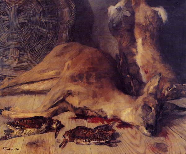 Wilhelm Truebner Stillleben mit Reh Hasen und Schnepfen Wandbild