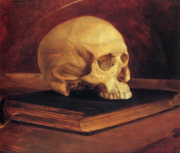 Wilhelm Truebner Totenkopf auf einem Buch Wandbild