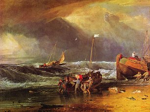 William Turner Strandszene mit Fischern die ein Boot ziehen Wandbild