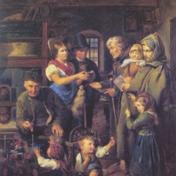 Ferdinand-Georg-Waldmueller-Eine-reisende-Bettlerfamilie-wird-am-Heiligen-Abend-von-armen-Bauersleuten-beschenkt