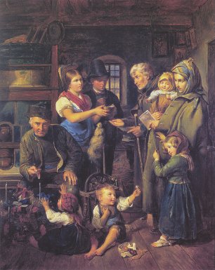 Ferdinand Georg Waldmueller Eine reisende Bettlerfamilie wird am Heiligen Abend von armen Bauersleuten beschenkt Wandbild