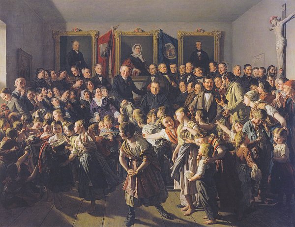 Ferdinand Georg Waldmueller Kinder armer Eltern werden von der Gemeinde Spittelberg am Michaelitage mit Winterkleidern beteilt Wandbild