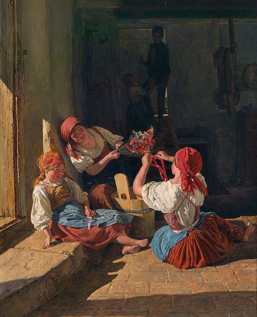 Ferdinand Georg Waldmueller Kinder schmuecken den Hut eines Konskribierten Wandbild