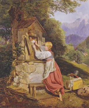 Ferdinand Georg Waldmueller Maedchen schmueckt die Mutter Gottes mit einer Rose Wandbild