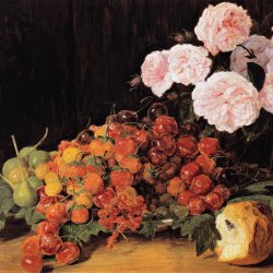 Ferdinand-Georg-Waldmueller-Stillleben-mit-Rosen-Erdbeeren-und-Brot