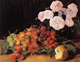 Ferdinand Georg Waldmueller Stillleben mit Rosen Erdbeeren und Brot Wandbild