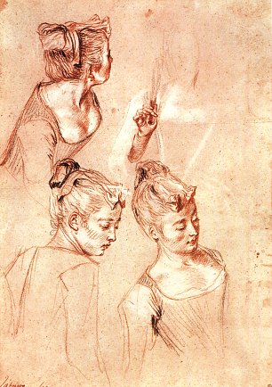 Antoine Watteau Drei Studien nach einem Maedchen Wandbild