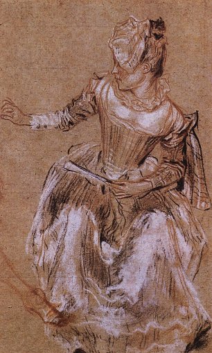 Antoine Watteau itzende Frau nach links blickend und weisend Wandbild