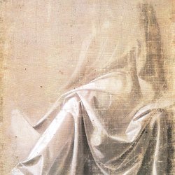 Leonardo-Da-Vinci-Gewandstudie-fuer-eine-sitzende-Figur-in-Dreiviertelansicht-nach-links