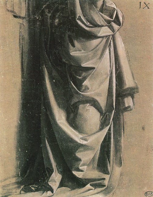 Leonardo Da Vinci Gewandstudie fuer eine stehende Figur im Profil nach rechts 1 Wandbild