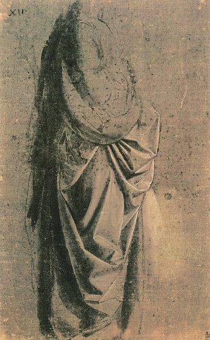 Leonardo Da Vinci Gewandstudie fuer eine stehende Figur im Profil nach rechts 3 Wandbild
