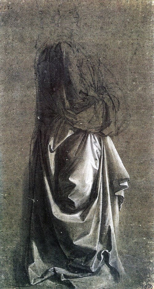 Leonardo Da Vinci Gewandstudie fuer eine stehende Figur im Profil nach rechts 2 Wandbild